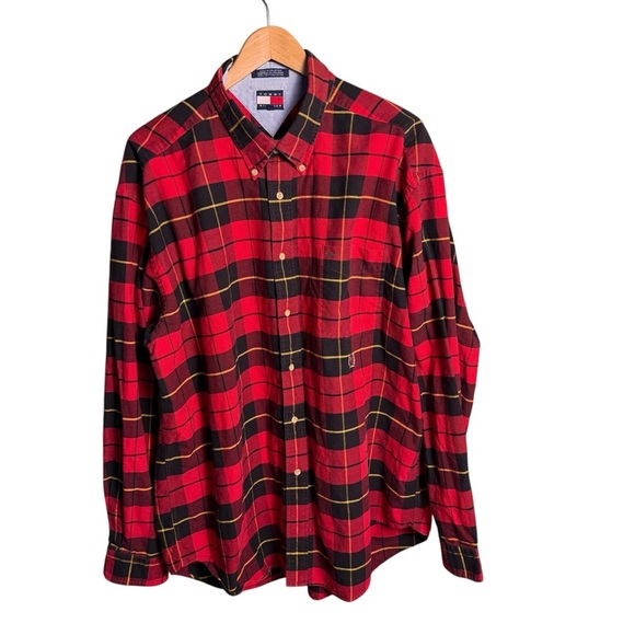 Vtg Tommy Hilfiger 90s Crest Red/Black Plaid long sleeve Crest Shirt XXL classic - Picture 1 of 11